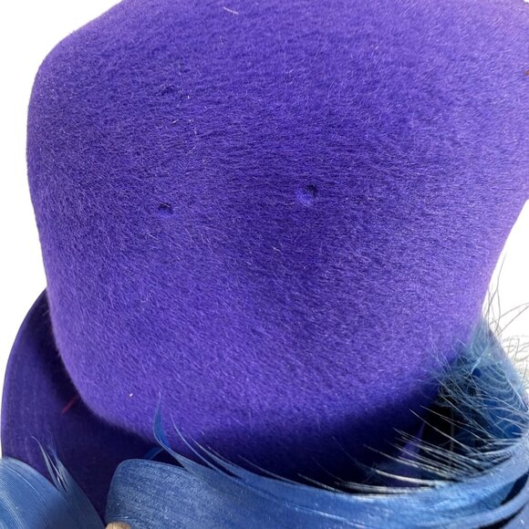 Vintage FLEUR de LIS Cobalt/Purple Felt Cloche Fascinator Hat Blue Feather Italy - Picture 6 of 11